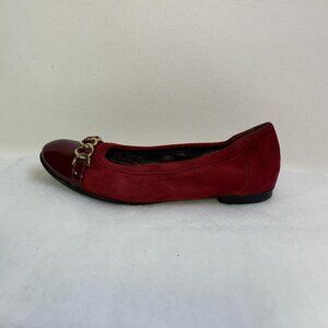 AGL Red Suede Ballet Flats – Patent Cap Toe with Gold Chain Detail